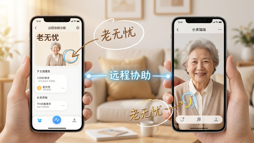 一张展示“老无忧”远程协助功能的图片,画面中一部手机显示子女端界面,另一部手机显示长辈端界面,两部手机之间有连接线表示远程协助,屏幕上有手绘圈注指引,风格科技感但温暖,画质干净,文字必须包含“老无忧”。