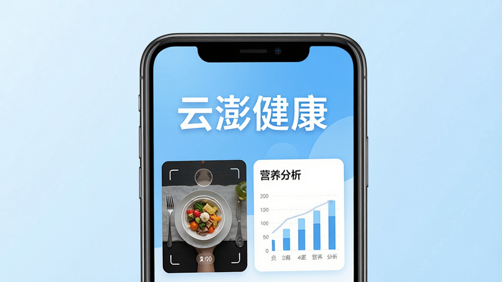 一张展示云澎健康APP核心界面的手机样机图,画面中央是手机屏幕,屏幕内显示“云澎健康”四个大字作为标题,下方有食物拍照识别和营养分析图表的界面元素,背景是干净的浅蓝色渐变,整体风格清爽现代,画质清晰,无多余元素