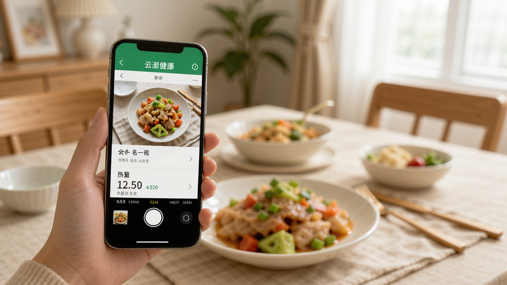 一张AI拍照识别食物的场景图,画面中一只手拿着手机对着餐桌上的饭菜拍照,手机屏幕上显示“云澎健康”的识别结果界面,有食物名称和热量数字,背景是温馨的家庭餐厅环境,风格生活化,画质干净明亮,无多余元素