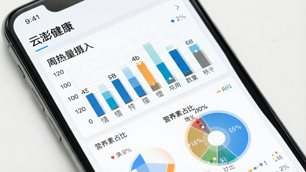 一张云澎健康饮食趋势分析图表界面图,手机屏幕上显示“云澎健康”的周热量摄入柱状图和营养素占比饼图,数据清晰可见,背景是干净的白色,风格极简现代,画质干净,无多余元素