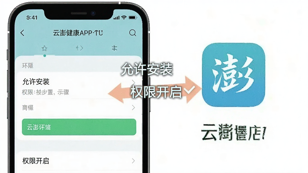 一张展示云澎健康APP安装权限设置步骤的手机截图示意图,画面中有手机设置界面和云澎健康图标,标注了“允许安装”和“权限开启”的步骤箭头,风格简洁直观,画质清晰,无多余元素