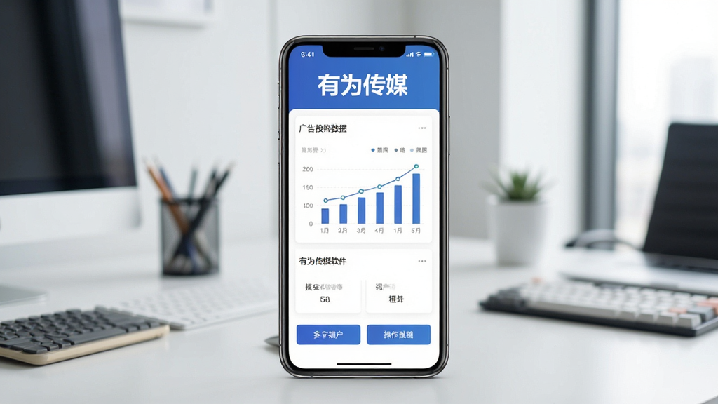 һ��չʾ��Ϊ��ý��������ȫò��ͼƬ�������������ֻ���Ļ����Ļ����ʾ��Ϊ��ýAPP�������棬�����С���Ϊ��ý���ĸ��֣��������й��Ͷ������ͼ���ͼ��Ĳ�����ť���������ִ����İ칫���棬���ɾ����񣬻����������޶���Ԫ��