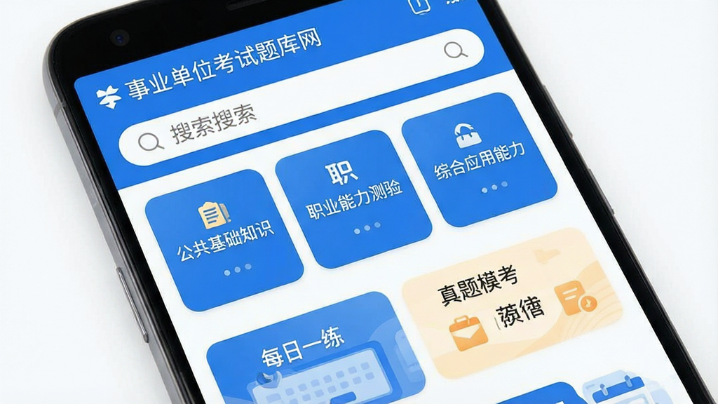 一张手机屏幕展示「事业单位考试题库网」APP主界面的详细生图提示词:主体为一部安卓手机,屏幕中显示APP首页,顶部搜索栏,中间是公共基础知识、职业能力测验、综合应用能力等科目分类卡片,下方是每日一练和真题模考入口。布局清晰,排版整齐,风格现代简约,细节圆润,背景干净无多余元素,画质高清,文字清晰可辨,整体色调以蓝色和白色为主。