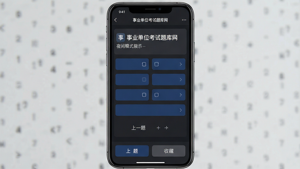 一张展示「事业单位考试题库网」夜间模式做题界面的生图提示词:主体为手机屏幕,屏幕中显示APP的做题页面,背景为深灰色,题目文字为浅白色,选项按钮为深蓝色,底部有上一题下一题和收藏按钮。布局为垂直排列,风格暗色护眼,细节清晰,背景干净无多余元素,画质高清。