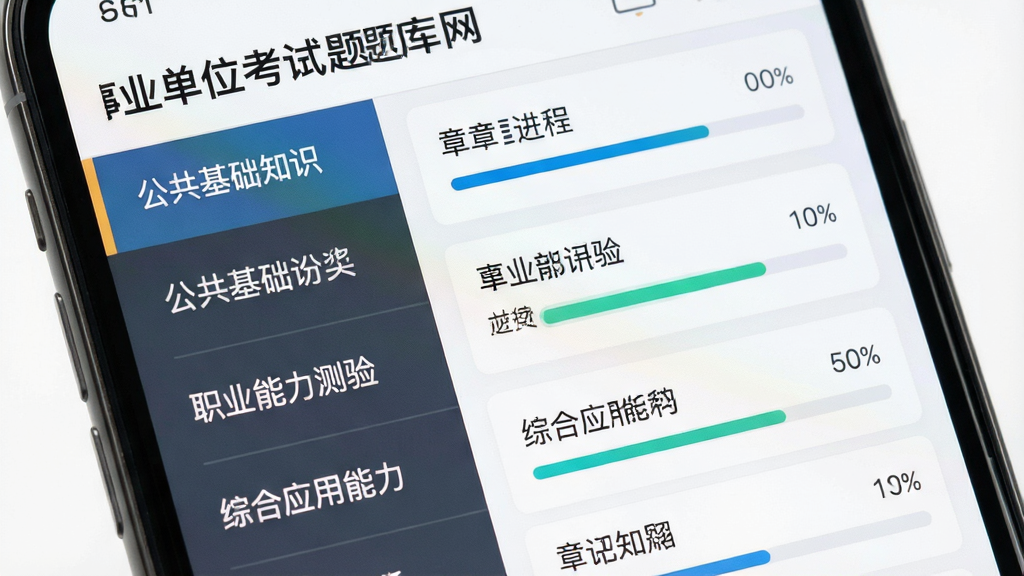 一张展示「事业单位考试题库网」题库分类页面的生图提示词:主体为手机屏幕特写,屏幕中显示APP的题库分类列表,左侧是公共基础知识、职业能力测验、综合应用能力等一级菜单,右侧对应展开的章节知识点列表,每个条目旁边有做题进度条。布局为左右分栏,风格简洁扁平,细节清晰,背景干净无杂乱元素,画质高清。