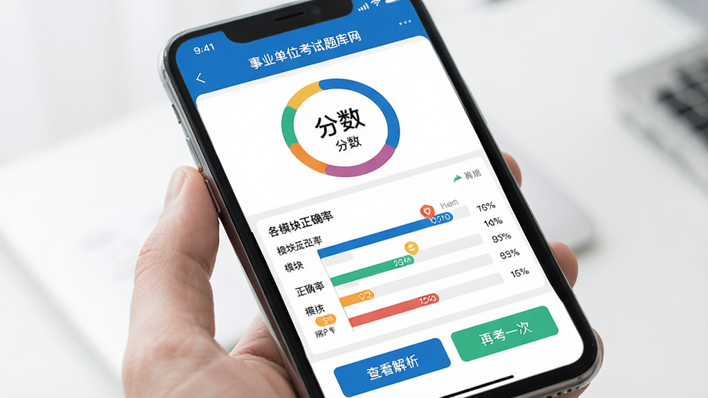 一张展示「事业单位考试题库网」模拟考试结果页面的生图提示词:主体为手机屏幕,屏幕中显示APP的模考成绩报告页,顶部是分数环形图,下方是各模块正确率条形图,底部有查看解析和再考一次按钮。布局层次分明,风格数据可视化,细节清晰,背景干净无杂乱元素,画质高清。
