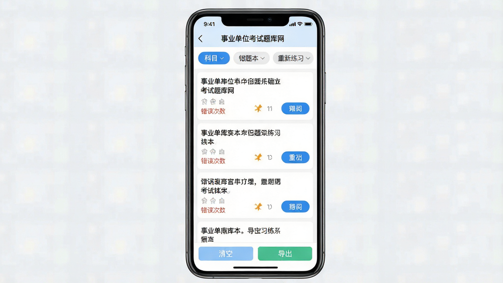 一张展示「事业单位考试题库网」错题本界面的生图提示词:主体为手机屏幕,屏幕中显示APP的错题本页面,顶部有科目筛选标签,中间是错题列表,每道题显示题干、错误次数和重新练习按钮,底部有清空和导出选项。布局为垂直列表,风格清爽,细节明确,背景干净无多余装饰,画质高清。
