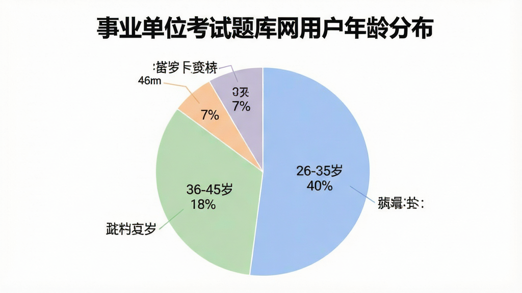 一张展示「事业单位考试题库网」用户年龄分布饼状图的生图提示词:主体为一张饼状图,标题为「事业单位考试题库网用户年龄分布」,图表分为四个扇区,分别标注18-25岁占35%,26-35岁占40%,36-45岁占18%,46岁以上占7%,配色柔和清晰,布局居中,风格数据可视化,细节明确,背景干净无多余元素,画质高清。
