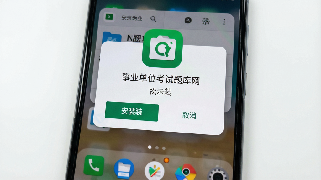 一张展示在安卓手机上安装「事业单位考试题库网」APK文件的生图提示词:主体为手机屏幕特写,屏幕中显示文件管理器的安装确认弹窗,上方是APP图标和名称「事业单位考试题库网」,下方有安装和取消按钮,背景是手机桌面。布局简洁明了,风格写实,细节清晰,背景干净无杂乱元素,画质高清。