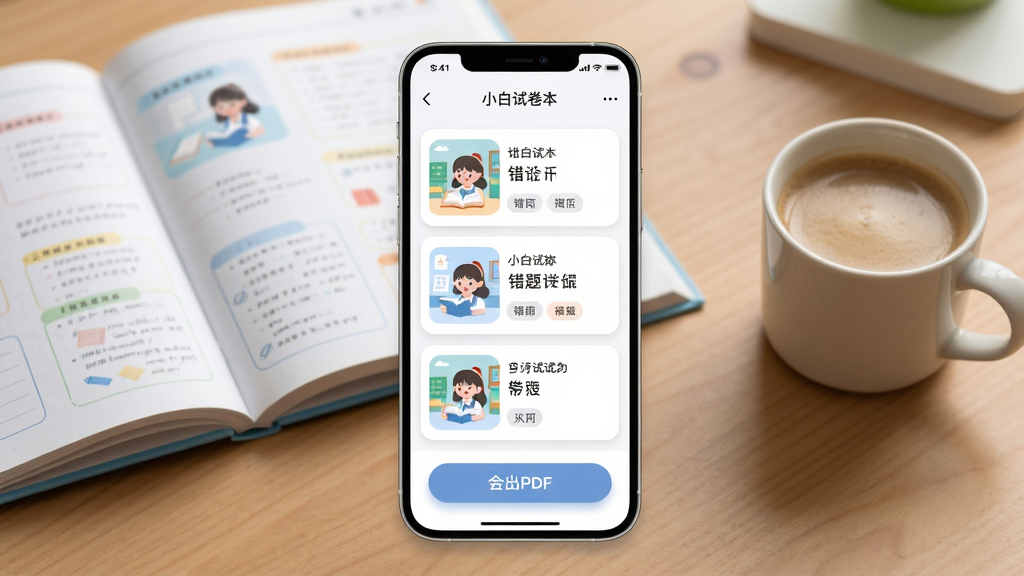 小白试卷宝错题整理功能界面图,主体是手机屏幕显示错题本列表,每道错题都有缩略图和标签,屏幕下方有导出PDF按钮,背景是书桌,桌上放着一本翻开的练习册和一杯咖啡,布局采用中心构图,手机屏幕内容清晰展示,风格是简约现代的UI展示图,细节上错题缩略图边缘圆润,按钮有轻微阴影,画质高清,干净,无多余元素
