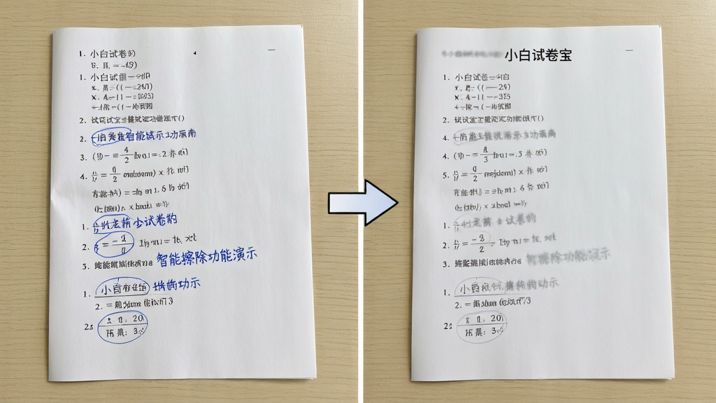 小白试卷宝智能擦除功能演示图,画面分为左右对比,左边是带有蓝色手写答案的数学试卷照片,右边是经过小白试卷宝处理后手写答案消失、只剩印刷题目的干净试卷,中间有一个箭头从左边指向右边,背景是浅色木纹桌面,布局采用左右分割构图,风格是写实的产品功能展示图,细节上试卷纸张的纹理和印刷字体的边缘都很清晰,画质高清,干净,无多余元素