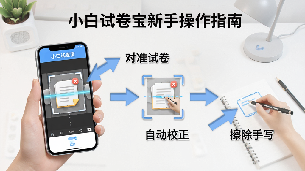 小白试卷宝新手操作指南示意图,画面是一只手拿着手机,手机屏幕上显示小白试卷宝的扫描界面,旁边有箭头标注“对准试卷”“自动校正”“擦除手写”三个步骤,背景是干净的书桌,布局采用步骤引导式构图,从左到右依次展开,风格是简洁明了的教程插图,细节上箭头和文字标注清晰,手机界面有轻微立体感,画质高清,干净,无多余元素