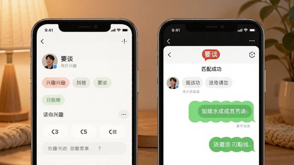 һ��չʾ��Ҫ̸��APP����ƥ�书�ܵ���ͼ�������������ֻ���Ļ���ţ������Ļ��ʾ�û���Ȥ��ǩѡ����棬�ұ���Ļ��ʾƥ��ɹ������촰�ڣ��������С�Ҫ̸����logo����������ܰ��ůɫ��������ƽ����ϸ�����������ʸɾ�