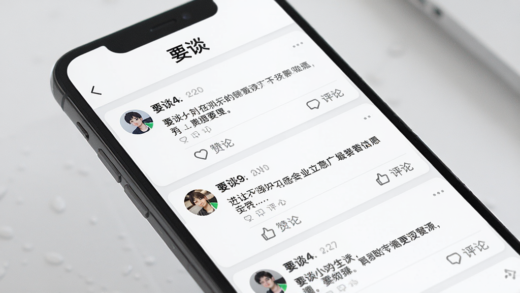 һ��չʾ��Ҫ̸��APP��̬�㳡���ܵ���ͼ��������һ���ֻ���Ļ��ʾ��̬��Ϣ����ÿ����̬�����û�ͷ���������ݺ͵������۰�ť����Ļ�Ϸ��С�Ҫ̸�����ֱ�ʶ�������������İ�ɫ��ǳ��ɫ�������ˬ�ɾ���ϸ�����������ʸɾ��޶���Ԫ��