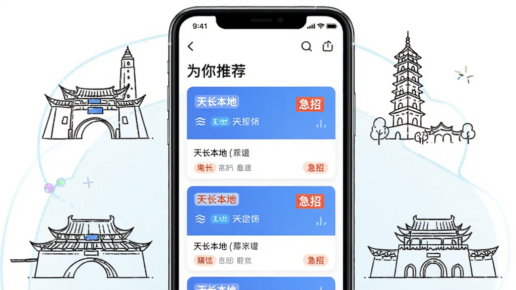 һ��չʾ�쳤����ƸAPP�����Ƽ����ܵ�ͼƬ������������һ���ֻ�����Ļ����ʾ��Ϊ���Ƽ�����飬�·��м�����λ��Ƭ����Ƭ���С��쳤���ء��������С��ȱ�ǩ���ֻ���Χ�������쳤�еĵر꽨����ʻ���������£��������������ʸɾ�