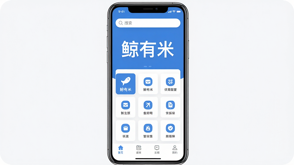 一张展示手机应用“鲸有米”主界面的图片,画面中央是手机屏幕,屏幕内显示“鲸有米”三个大字,界面布局简洁,以蓝白配色为主,顶部有搜索框,中间是功能图标网格,底部是导航栏,整体风格现代扁平,画质干净,无多余元素