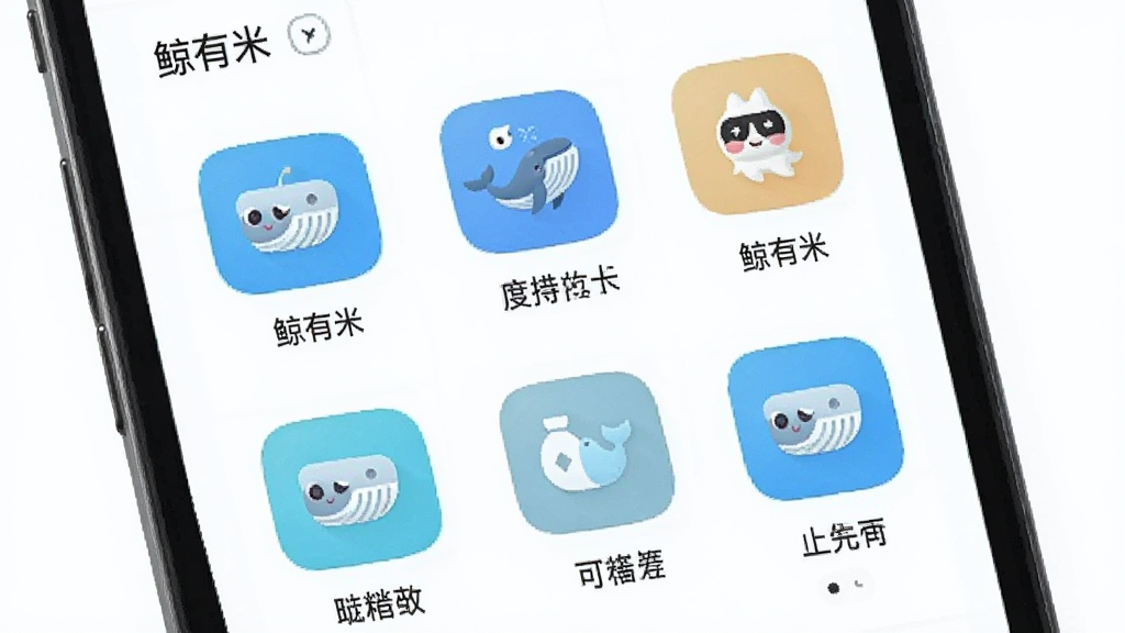 一张展示“鲸有米”应用内多个功能模块的图片,画面是手机屏幕特写,屏幕上以网格形式排列着几个功能图标,图标下方有文字标签,整体布局整齐,风格简约,画质干净,无多余元素