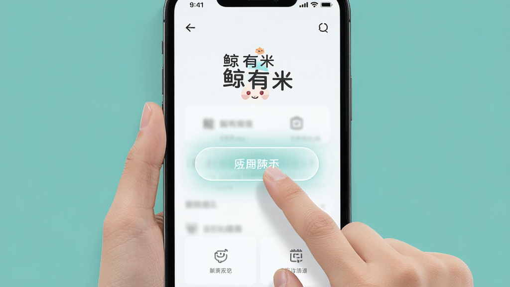 一张展示“鲸有米”应用操作流程的示意图,画面中一只手拿着手机,手指正点击屏幕上的一个功能按钮,屏幕界面简洁,按钮高亮显示,背景是柔和的纯色,风格现代,画质干净,无多余元素