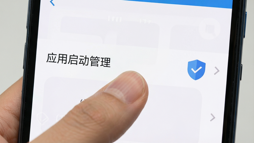 一张展示手机设置界面的图片,画面中手指正在操作“应用启动管理”选项,旁边有一个盾牌图标表示安全,界面风格清晰,画质干净,无多余元素