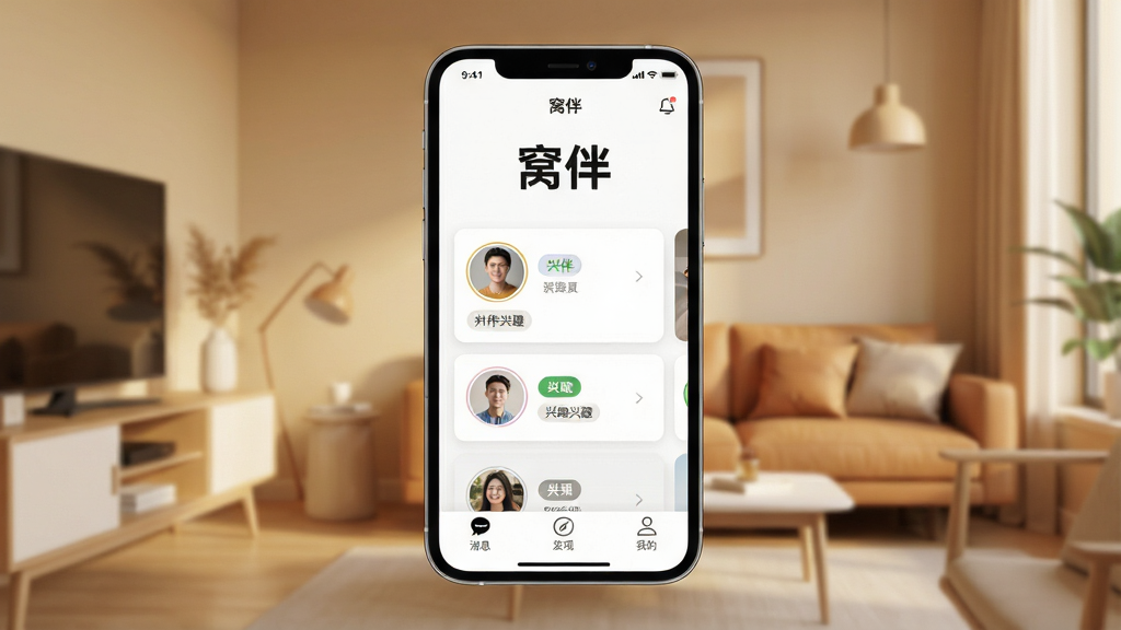 һ��չʾ�ֻ��罻Ӧ�ý����ͼƬ�������������ֻ���Ļ����Ļ����ʾ���Ѱ顱App����ҳ����ҳ�Ϸ��С��Ѱ顱����Logo���м��ǿ�Ƭʽ�������û�ͷ�����Ȥ��ǩ���ײ��С���Ϣ�������֡����ҵġ�����ͼ�꣬������ůɫ�������ڳ���������ִ���࣬ϸ�����������ʸɾ��޶���Ԫ��