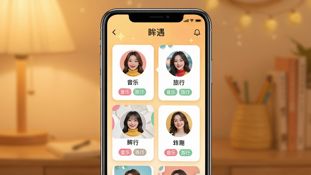 һ��չʾ��������Ӧ��������ƥ�书�ܵĽ����ͼ������������һ���ֻ���Ļ����Ļ����ʾ�Ŵ��С�������������ƥ��ҳ�棬ҳ�����м����û�ͷ��Ƭ��ÿ��ͷ���·��С����֡��������С�����Ȥ��ǩ����������ܰ��ůɫ�������ֲ����ٲ�����Ƭʽ�Ű棬���������죬ϸ�ھ��£����ʸɾ��޶���Ԫ�أ����廭�ʡ�