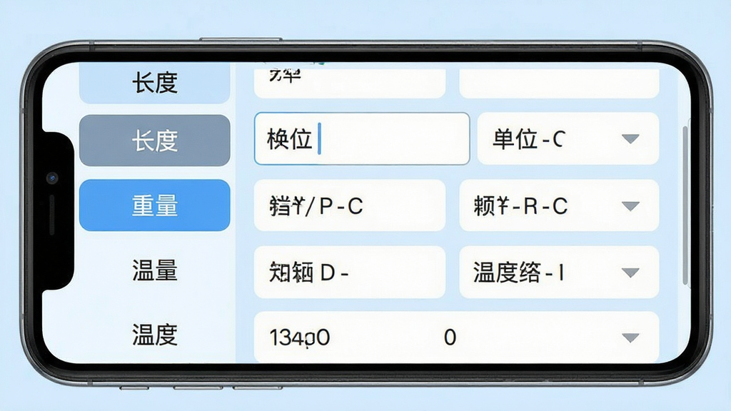 万能计算器科学版单位换算功能展示图,画面主体是一个手机屏幕,屏幕显示单位换算界面,左侧是长度、重量、温度等分类标签,右侧是数值输入框和单位下拉菜单,布局为左右分栏,风格为清爽的工具类APP界面,细节上分类标签有选中高亮效果,背景为浅蓝色,画质锐利,画面中文字为中文分类名称和单位符号