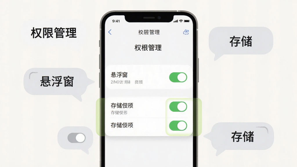 万能计算器科学版新手安装设置示意图,画面主体是一部手机,屏幕显示设置界面的权限管理页面,悬浮窗权限和存储权限的开关被高亮标注,手机旁边漂浮着几个提示气泡,布局为手机居中,气泡环绕在手机四周,风格为扁平化教程插图,细节上开关按钮有绿色和灰色的状态区分,背景为浅色,画质清晰,画面中文字为“权限管理”“悬浮窗”“存储”