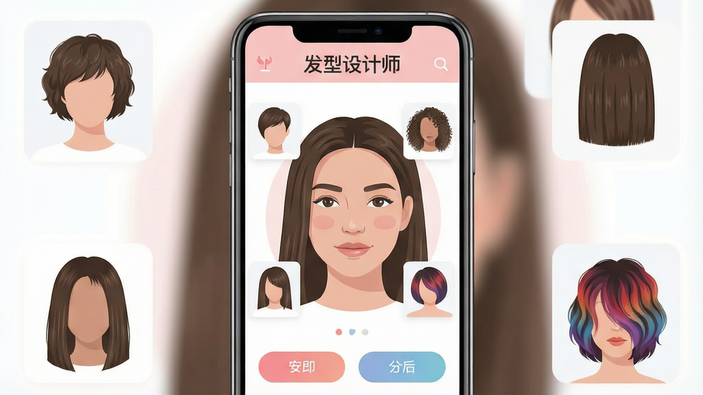 一张展示“发型设计师”APP核心界面的图片,画面中央是一部智能手机,手机屏幕上显示一位年轻女性的面部,周围环绕着多种不同风格的发型缩略图,包括短发、卷发、直发和染发效果,界面布局简洁清晰,顶部有“发型设计师”文字标识,底部有操作按钮,整体风格现代扁平,色彩柔和明亮,细节干净无多余元素,画质高清。