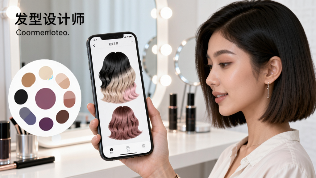 一张展示“发型设计师”发色切换功能的图片,画面中一位年轻女性正在使用手机APP,屏幕上她的头发颜色从黑色变成浅金色、又变成粉棕色,旁边有颜色选择圆盘,背景是明亮的梳妆台,风格时尚现代,细节精致,画质清晰干净。