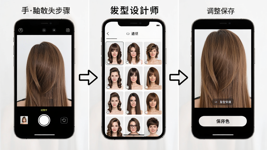 一张展示“发型设计师”新手操作步骤的图片,画面分为三个部分,左边是手机拍照界面,中间是选择发型的网格列表,右边是调整发色和保存的按钮,每一步都有箭头连接,风格教程化,布局清晰,文字标注简洁,画质干净明亮。