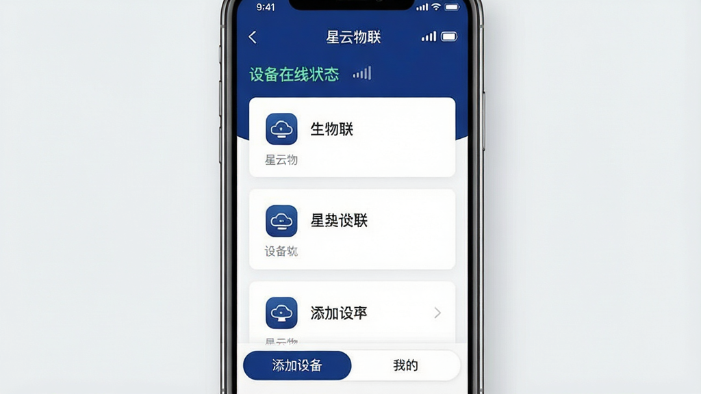 一张展示“星云物联”软件核心全貌的图片,主体是一部智能手机屏幕,屏幕中央是“星云物联”的APP界面,界面布局清晰,顶部显示设备在线状态和网络信号图标,中间是设备卡片列表,每个卡片上有一个设备图标和名称,底部有添加设备和我的两个选项卡,整体风格简洁现代,以深蓝色和白色为主色调,背景是干净的浅灰色,画质清晰,无多余元素