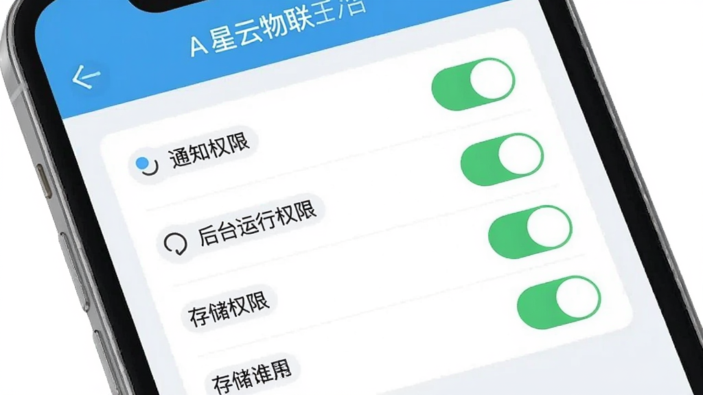 一张展示“星云物联”在手机上设置权限的AI生图,主体是手机屏幕上的应用权限管理界面,界面上有通知权限、后台运行权限、存储权限等开关按钮,部分开关处于开启状态,界面布局清晰,风格扁平化,以白色和浅蓝色为主色调,画质干净,无多余元素