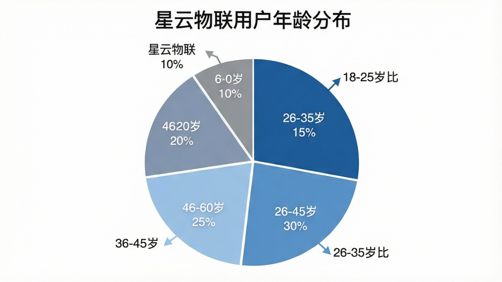 一张展示“星云物联”用户年龄分布的饼状图,图表标题为“星云物联用户年龄分布”,饼图分为五个扇区,分别标注18-25岁占比15%,26-35岁占比30%,36-45岁占比25%,46-60岁占比20%,60岁以上占比10%,配色使用不同深浅的蓝色和灰色,图表背景干净简洁,无多余元素