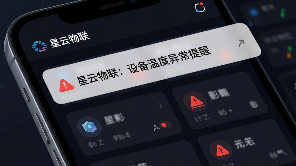 一张展示“星云物联”实时告警功能的AI生图,主体是手机屏幕特写,屏幕上方弹出一条通知横幅,横幅上写着“星云物联:设备温度异常提醒”,屏幕背景是深色模式的设备监控面板,面板上有几个设备卡片和红色警示图标,布局简洁,风格偏向科技感,细节清晰,画质干净,无多余元素