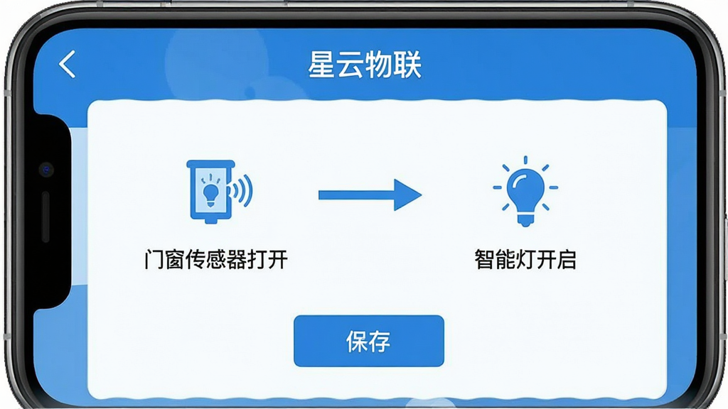 一张展示“星云物联”场景联动功能的AI生图,主体是手机屏幕上的自动化规则设置界面,界面中有一个流程图,左边是“门窗传感器打开”的图标,中间一个箭头指向右边“智能灯开启”的图标,流程图下方有保存按钮,整体布局清晰,风格扁平化,以蓝色和白色为主色调,画质干净,无多余元素