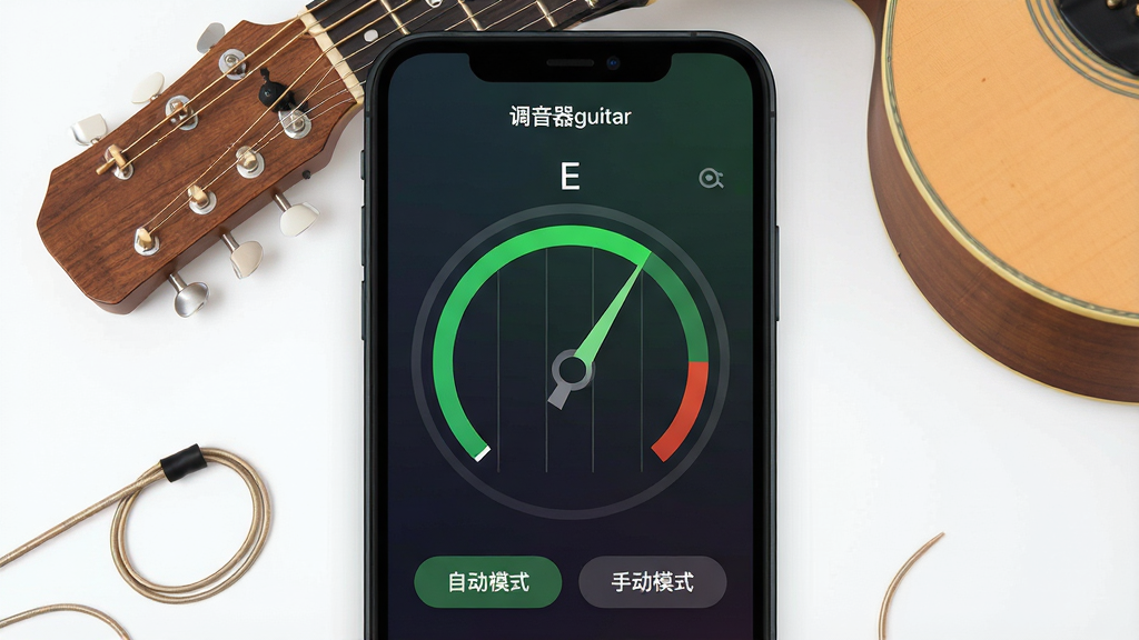 һ���ֻ���Ļչʾ��������guitar��Ӧ���������ͼƬ������������һ���޴��Բ�ε������̣�ָ��ָ����ɫ�����ʾ��׼��ȷ�������Ϸ���ʾ��ǰ����������E�����·��С��Զ�ģʽ�����ֶ�ģʽ��������ť����������ɫ�������ֻ���Χɢ����һ��ľ��������ͷ�ͼ������ң����岼�ּ������������ִ���ƽ����ϸ��Բ���£����ʸɾ��������޶���Ԫ��