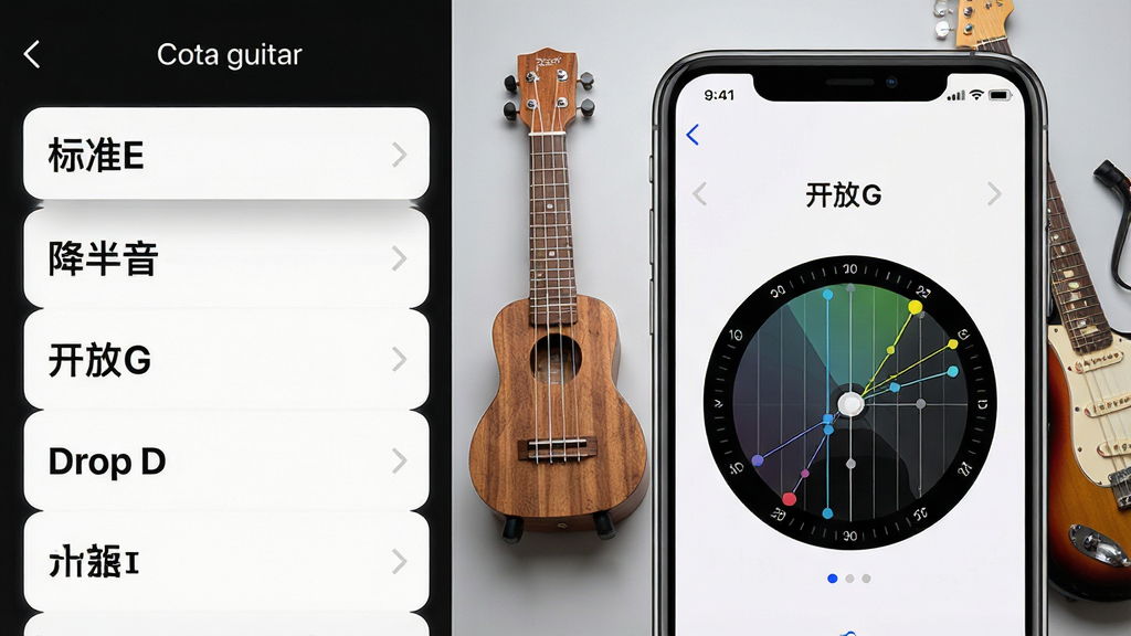 һ��չʾ��������guitar�����ֵ���ģʽѡ������ͼƬ�������Ϊ���������֣�������������еĵ���ģʽ�б�����������׼E������������������G����Drop D����ѡ��Ҳ����ֻ���Ļ��д����Ļ����ʾ��ǰѡ�С�����G��ģʽ��������̵ı仯��������ǳ��ɫ���������棬�����Ϸ���һ���ȿ������һ�ѵ缪�������дʵ��࣬�����������򣬻��ʸɾ��޶���Ԫ��