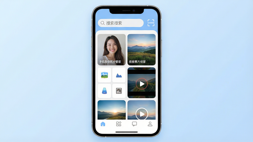 �ֻ������Ƭ�ܼ�Ӧ��������ȫòչʾ������������һ�������ֻ�����Ļ��ʾ���ܼ�APP����ҳ����������������ɨ�谴ť���м�����Ƭ������������羰����ͼ����Ƶ�����ײ����������������岼�ּ�����죬��������͵�ǳ��ɫ���䣬����ִ���ƽ����ϸ��Բ���£����ʸɾ��������޶���Ԫ�أ����ֱ�ʶ�������ֻ������Ƭ�ܼҡ���