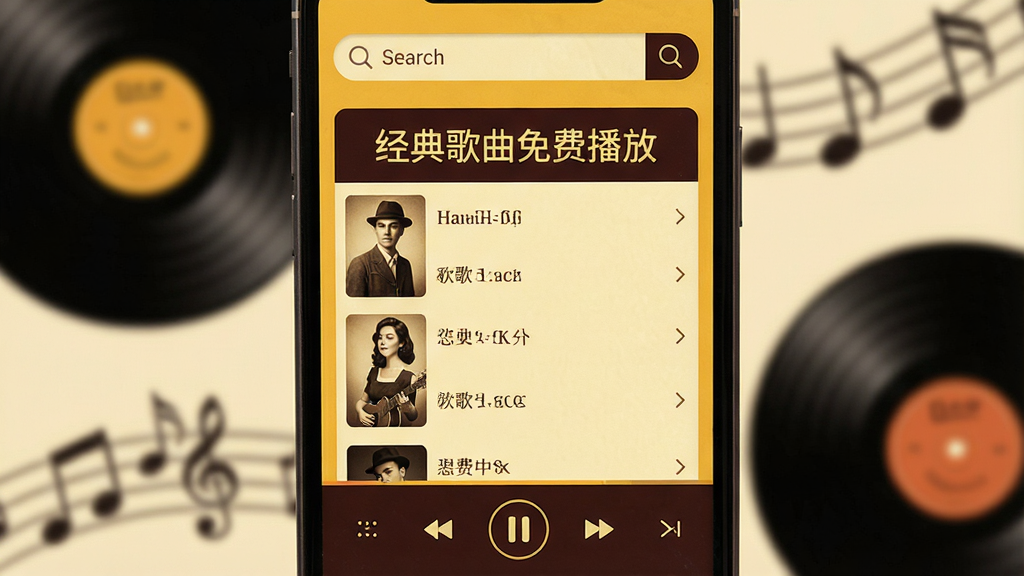 一张手机屏幕特写,屏幕中央是“经典歌曲免费播放”软件的主界面,界面设计简洁复古,以暖黄色和深棕色为主色调,顶部有搜索栏,中间是歌曲列表,底部是播放控制条,背景是模糊的黑胶唱片和音符图案,整体风格温馨怀旧,画质清晰,干净无多余元素