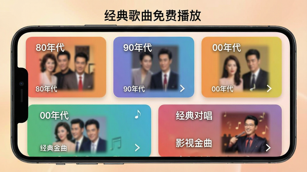 一张展示音乐分类界面的手机截图,标题为“经典歌曲免费播放”,界面分为多个彩色卡片区域,分别标注“80年代”、“90年代”、“00年代”、“经典对唱”、“影视金曲”,每个卡片上有代表歌曲的模糊封面图,背景是柔和的暖色调,风格干净整洁,画质清晰