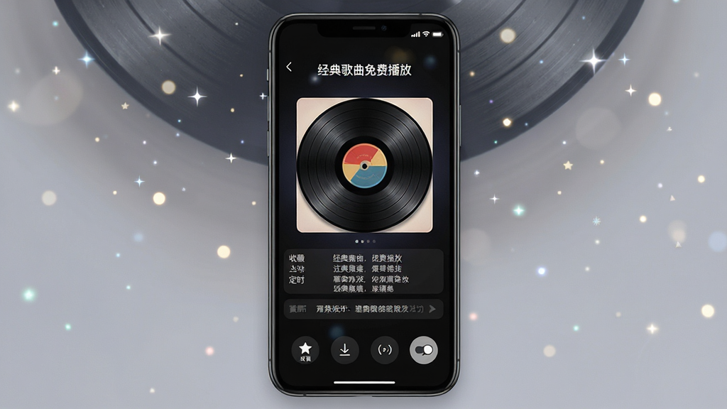 一张手机界面设计图,展示“经典歌曲免费播放”的播放详情页,中间是旋转的黑胶唱片封面,下方有歌词滚动显示,底部有收藏、下载、定时、音质切换四个圆形按钮,背景是深色模式,点缀着星星点点的光斑,风格现代且静谧,画质细腻