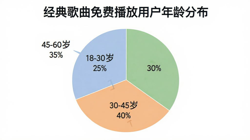 一张饼状图,标题为“经典歌曲免费播放用户年龄分布”,饼图分为三块,分别标注“18-30岁 25%”、“30-45岁 40%”、“45-60岁 35%”,配色采用柔和的蓝、橙、绿三色,图表背景干净,数据标签清晰可见