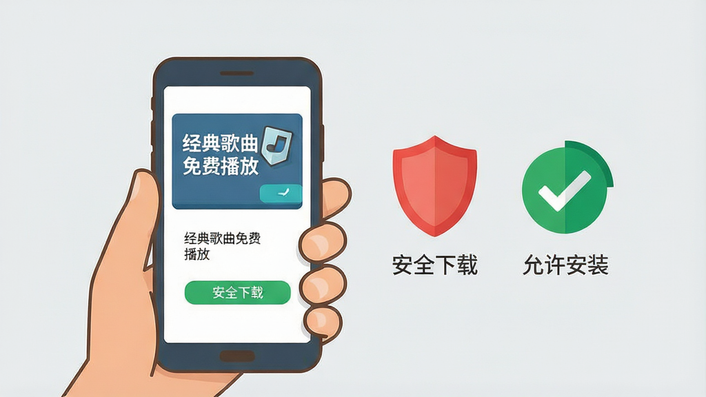 一张卡通风格的手机操作示意图,画面中一只手拿着手机,屏幕上显示“经典歌曲免费播放”的安装界面,旁边有一个红色的盾牌图标和绿色的对勾图标,分别代表“安全下载”和“允许安装”,背景是简约的浅灰色,风格扁平化,画质清晰干净