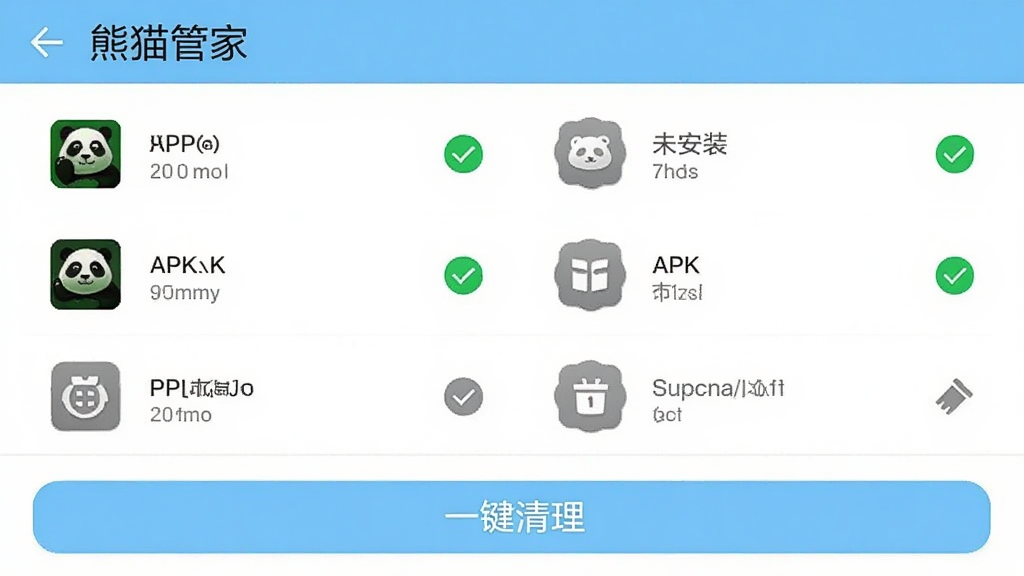 һ���ֻ�Ӧ�ý����ͼ�������С���è�ܼҡ���ʾ��װ������ҳ�棬�б����ж��APK�ļ����Ѱ�װ����Ŀ�Ա�����ɫ�Թ���ǣ�δ��װ����ʾ��ɫͼ�꣬�ײ��С�һ����������ť�������԰�ɫ��ǳ��ɫΪ���������ˬ�����ʸɾ���