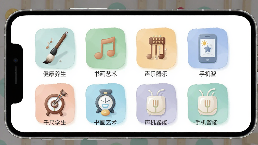 ǧ��ѧ��App�γ̷�����棬����չʾ�ֻ���Ļ�ڽ����������黭�������������֡��ֻ����ܵȶ���γ̷���ͼ���������У�ÿ���������ж�Ӧ�Ĳ廭������ë�ʡ��������ֻ���Ԫ�أ�����ƽ����ƣ�ɫ����ͣ��������������ʸɾ��޶���Ԫ��