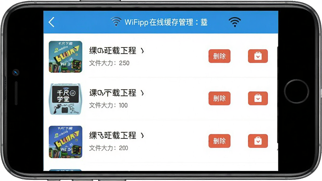 ǧ��ѧ��App���߻���������棬����չʾ�ֻ���Ļ�������ؿγ��б���ÿ���Ա���ɾ����ť���ļ���С��ע��������WiFi������ʾ���������࣬�������������ʸɾ��޶���Ԫ��