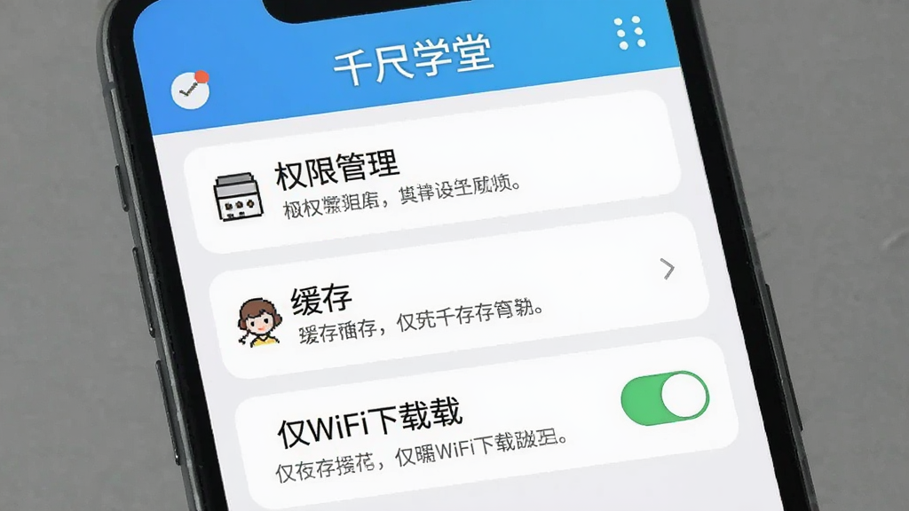 ǧ��ѧ��App���ý��棬����չʾ�ֻ���Ļ��Ȩ�޹������������á���WiFi���ؿ��ص�ѡ�ÿ��ѡ���Ա�������˵������������ϴ󣬲�������������࣬���ʸɾ��޶���Ԫ��
