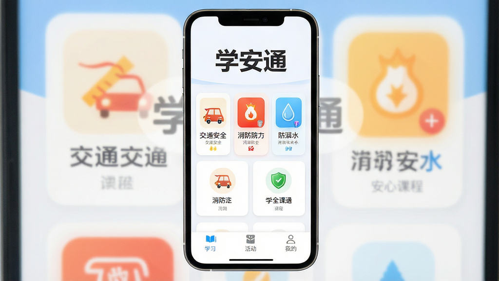 一张展示学安通应用核心界面的图片,标题写上“学安通”,主体是一个智能手机屏幕,屏幕内显示学安通APP的主页,主页顶部有“学安通”三个大字,中间是安全课程卡片式布局,包含交通安全、消防安全、防溺水等图标,底部是学习、活动、我的三个导航按钮,整体布局清晰,排版整齐,风格现代简约,细节圆润,画质干净,无多余元素