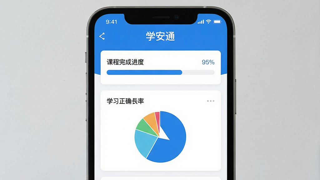 一张展示学安通学习报告页面的图片,标题写上“学安通”,主体是手机屏幕显示学习报告图表,包含课程完成进度条、答题正确率饼图、学习时长统计,界面配色以蓝白为主,风格简洁清新,排版规整,细节清晰,画质干净,无多余元素