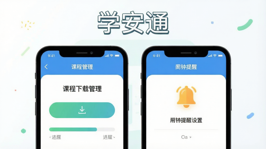 一张展示学安通离线缓存与提醒功能的图片,标题写上“学安通”,主体是手机屏幕显示课程下载管理界面和闹钟提醒设置,界面中有下载按钮、进度条和铃铛图标,风格扁平化,配色明快,排版整洁,细节圆润,画质干净,无多余元素